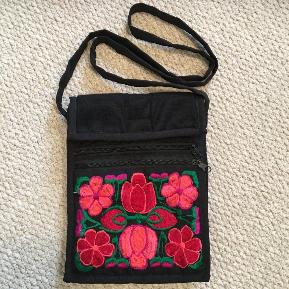 Black with bright floral embroidered women's purse